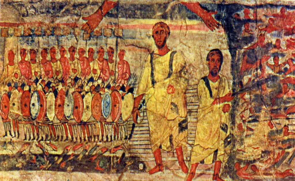 Der Durchgang durchs Rote Meer, Fresko in der Synogoge in Dura Europos (Bild: Wikimedia Commons, I. Becklectic)